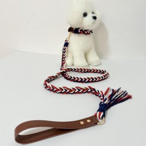 red and blue rope pet slip leash with leather handle