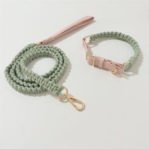 red and blue rope pet slip leash with leather handle c258013